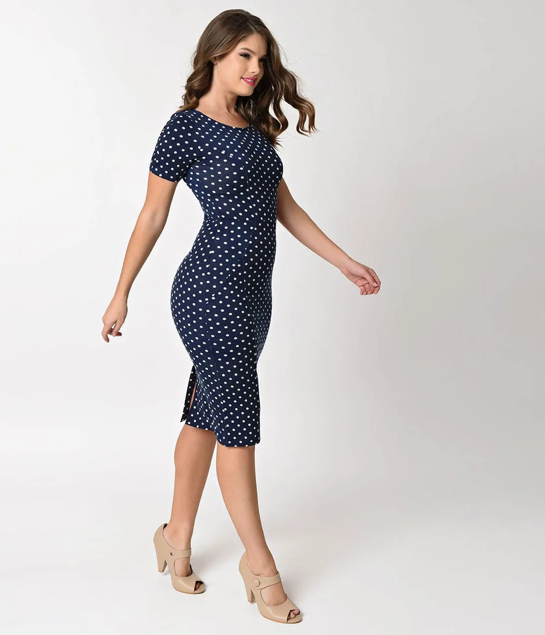 Unique Vintage 1960s Style Navy & Ivory Dotted Short Sleeve Stretch Mod Wiggle Dress sold by Unique Vintage product image thumbnail 3