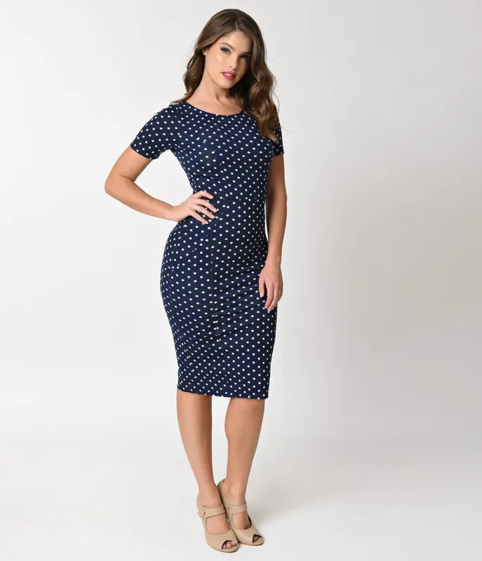 Unique Vintage 1960s Style Navy & Ivory Dotted Short Sleeve Stretch Mod Wiggle Dress made by Unique Vintage