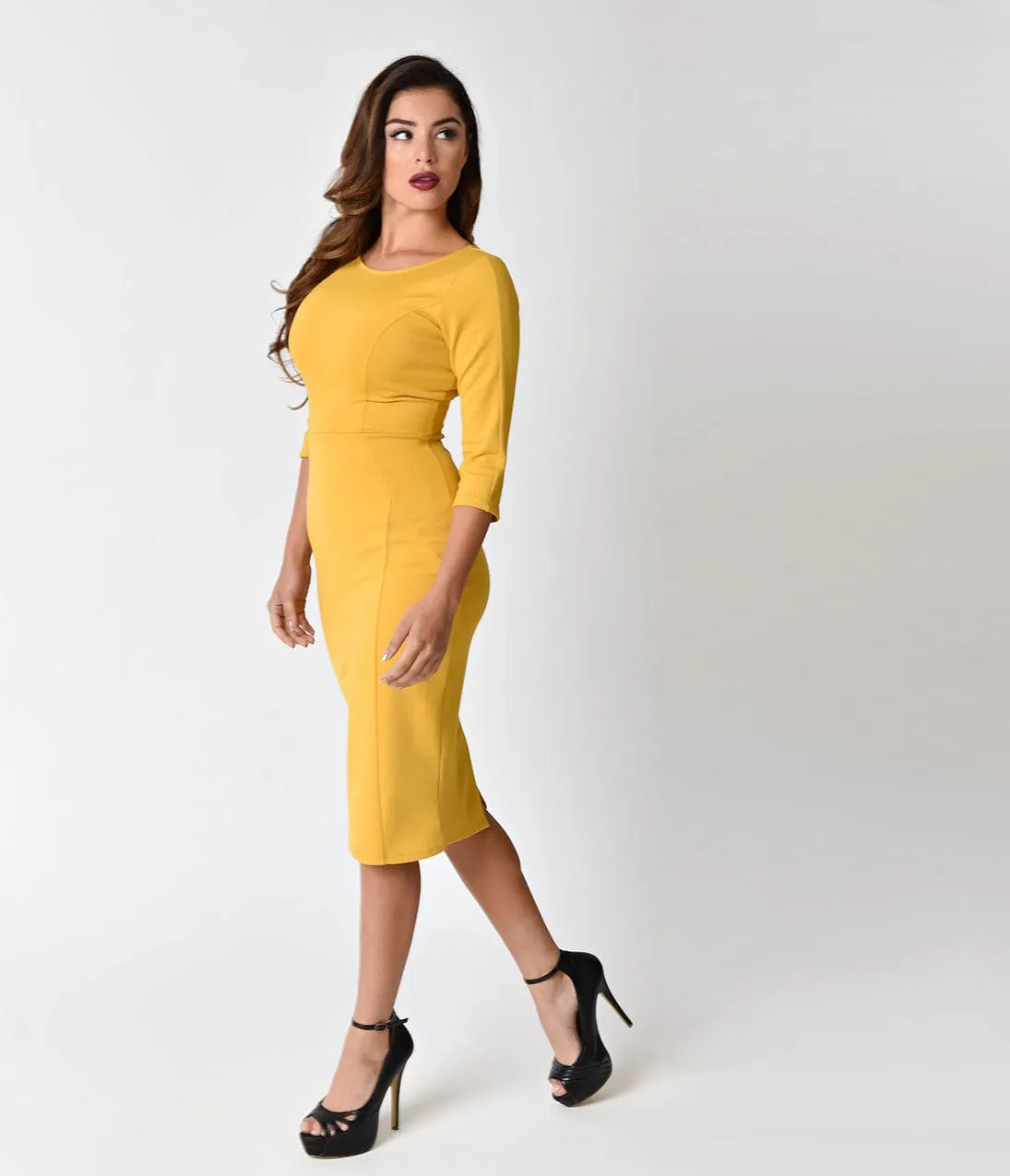 Unique Vintage 1960s Style Mustard Yellow Long Sleeve Mod Wiggle Dress sold by Unique Vintage product image thumbnail 4
