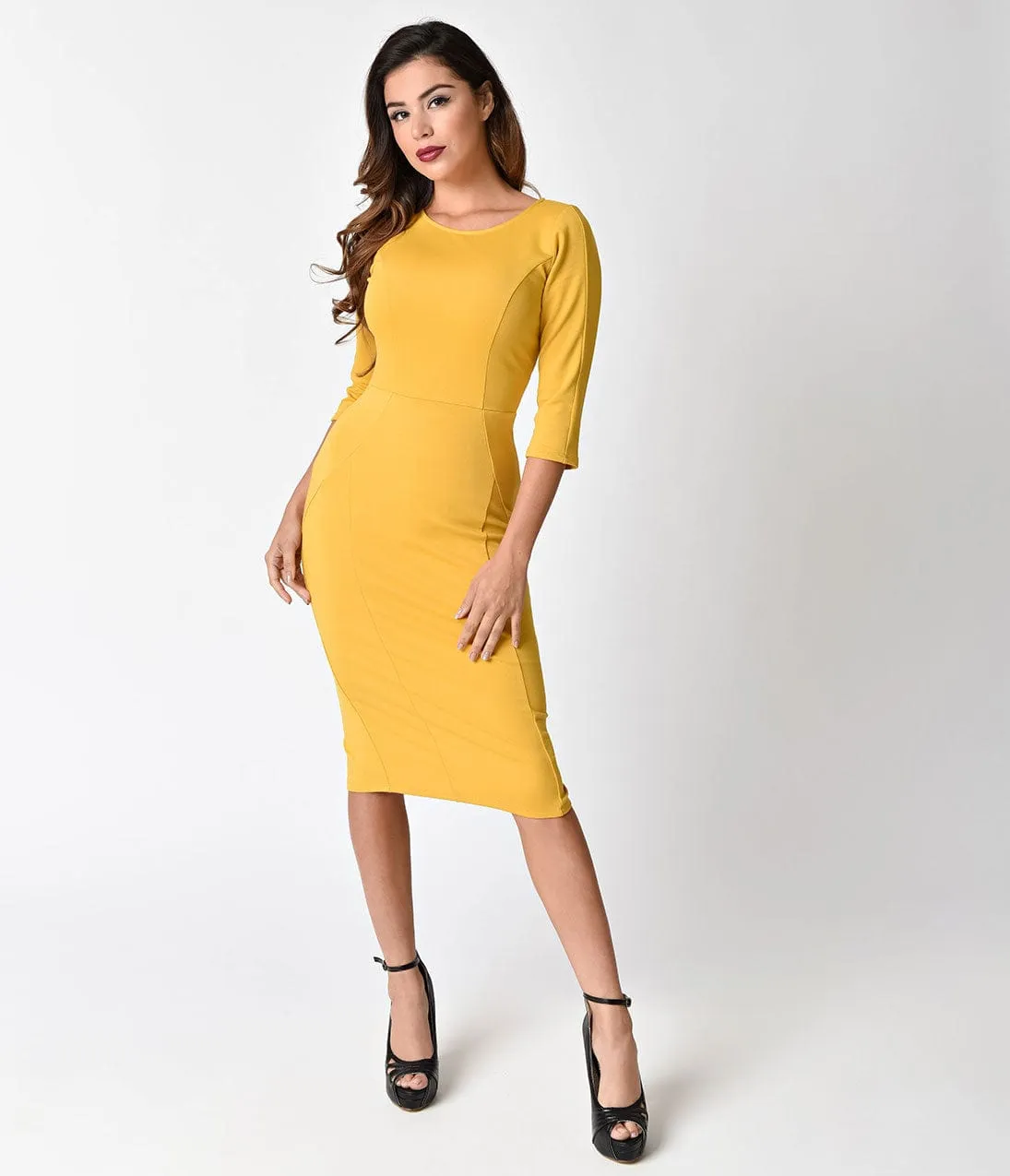 Unique Vintage 1960s Style Mustard Yellow Long Sleeve Mod Wiggle Dress sold by Unique Vintage