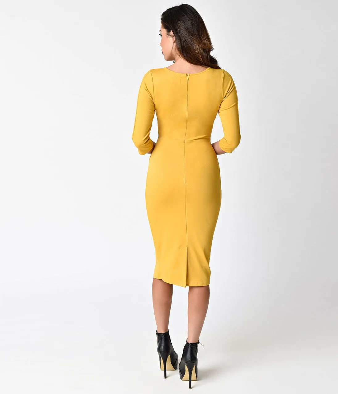 Unique Vintage 1960s Style Mustard Yellow Long Sleeve Mod Wiggle Dress sold by Unique Vintage product image thumbnail 2