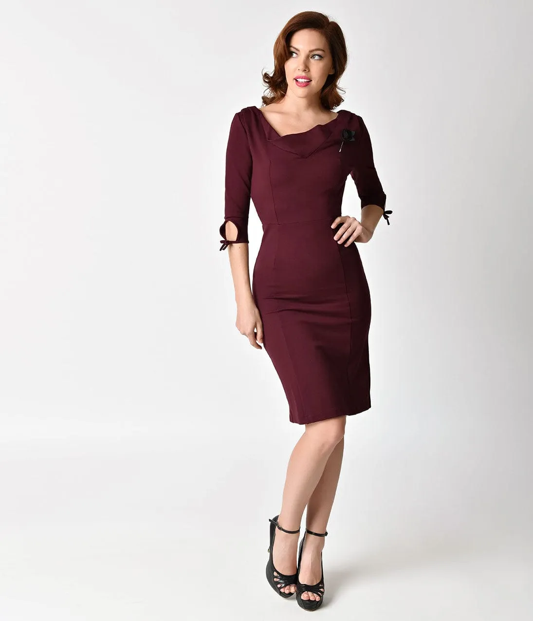 Unique Vintage 1940s Style Merlot Carmen Half Sleeve Wiggle Dress sold by Unique Vintage product image thumbnail 4