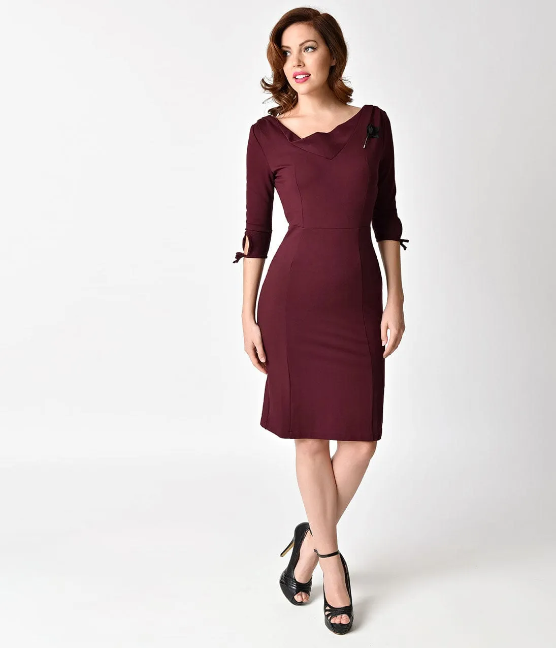 Unique Vintage 1940s Style Merlot Carmen Half Sleeve Wiggle Dress sold by Unique Vintage product image thumbnail 5