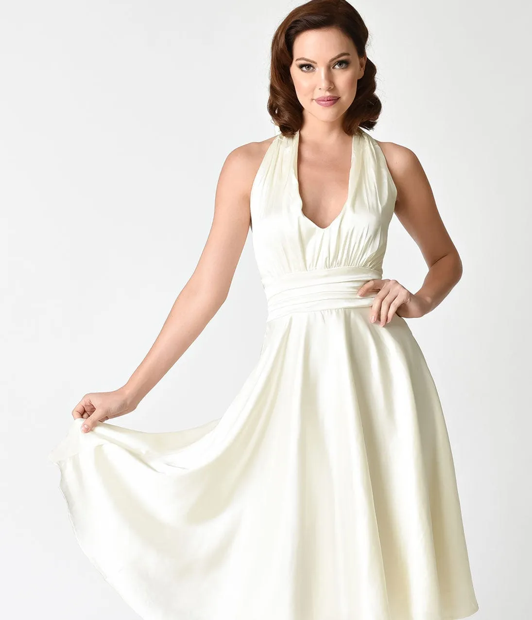 Unique Vintage 1950s Style Ivory Satin Halter Hyannis Swing Dress sold by Unique Vintage product image thumbnail 3
