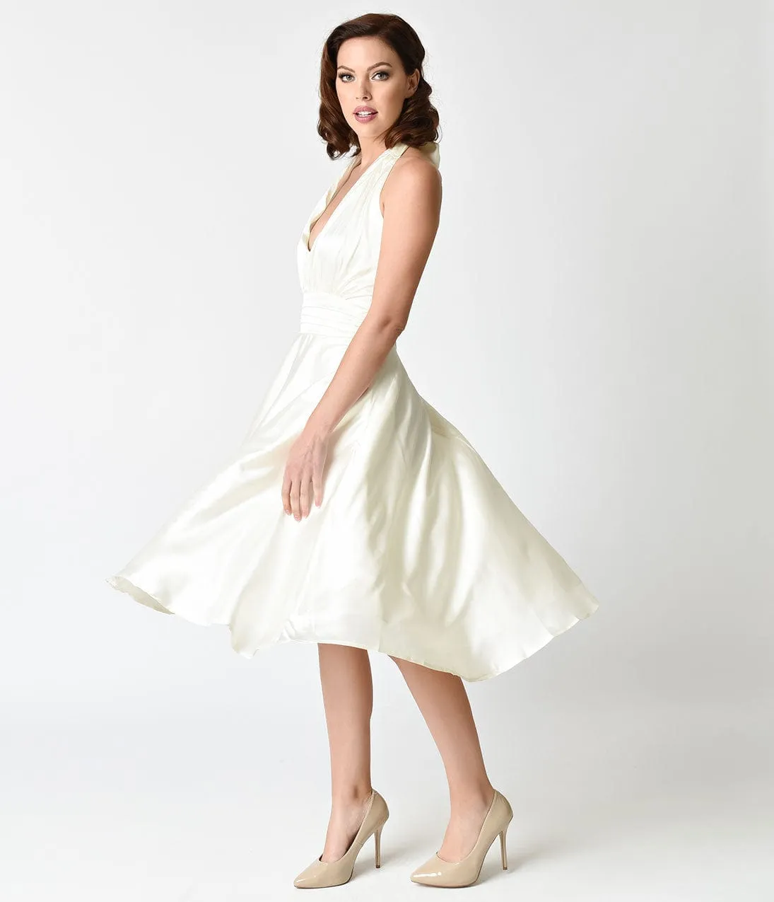 Unique Vintage 1950s Style Ivory Satin Halter Hyannis Swing Dress sold by Unique Vintage product image thumbnail 4