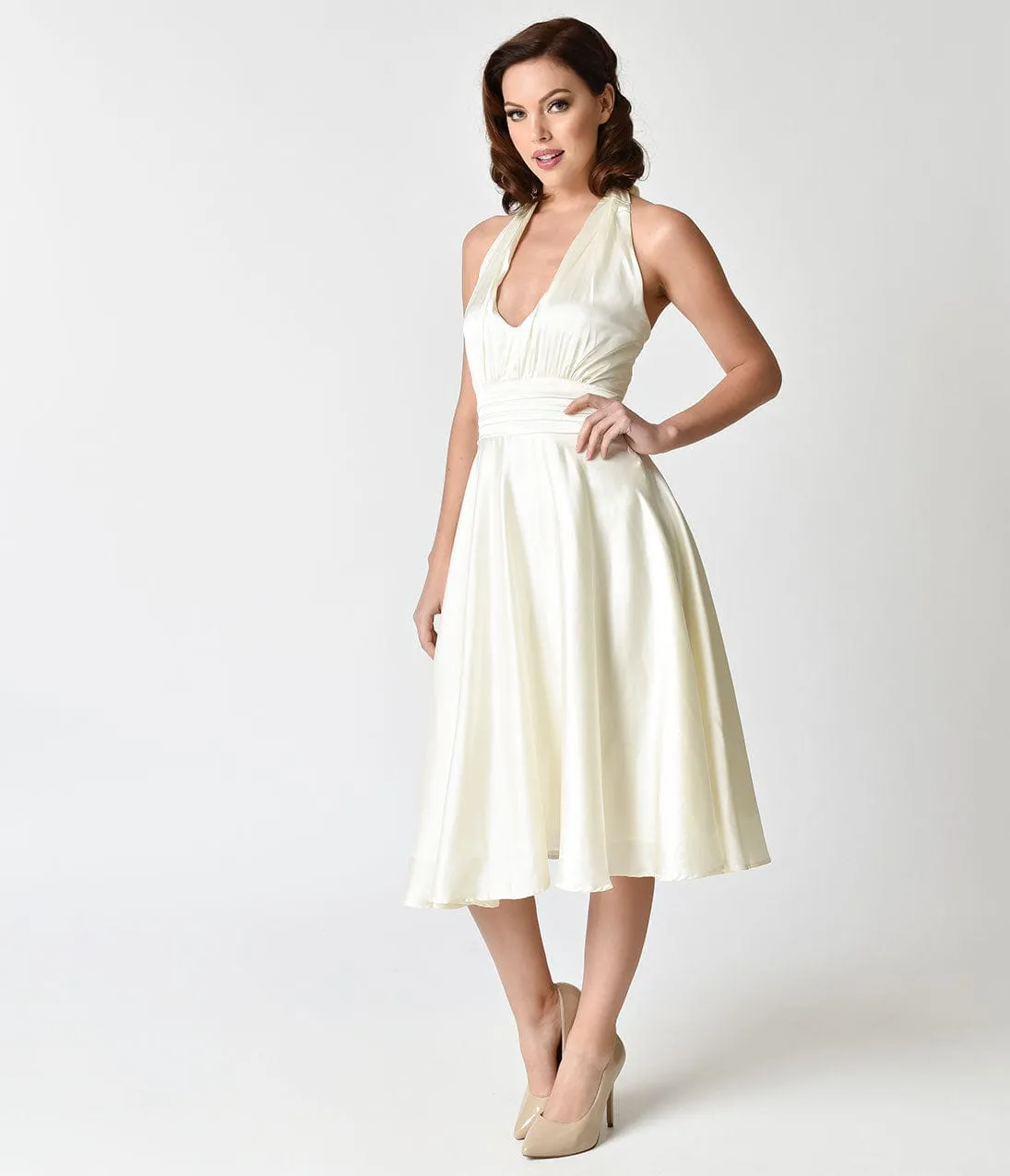 Unique Vintage 1950s Style Ivory Satin Halter Hyannis Swing Dress sold by Unique Vintage