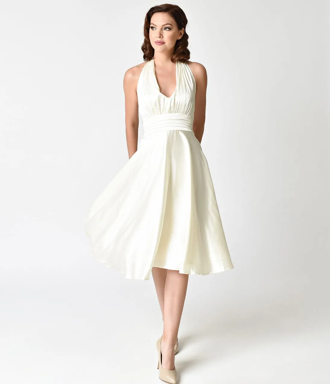 Unique Vintage 1950s Style Ivory Satin Halter Hyannis Swing Dress sold by Unique Vintage product image thumbnail 5