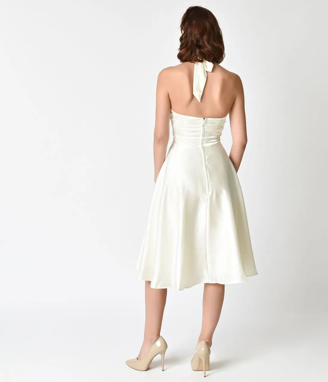 Unique Vintage 1950s Style Ivory Satin Halter Hyannis Swing Dress sold by Unique Vintage product image thumbnail 2