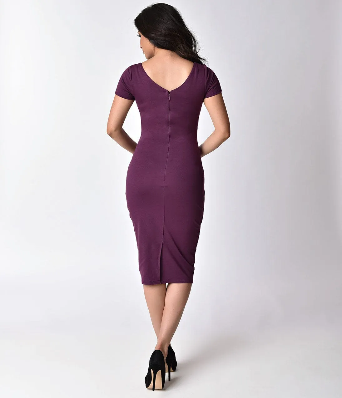 Unique Vintage Eggplant Purple Short Sleeve Harris Knit Wiggle Dress sold by Unique Vintage product image thumbnail 2