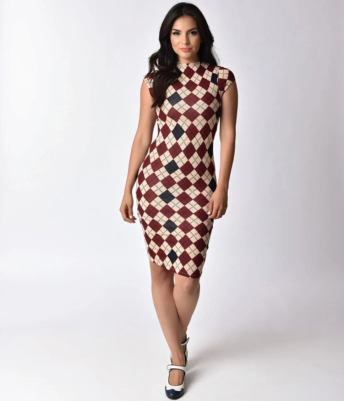 Unique Vintage 1960s Cream & Red Argyle Stretch Knit Cap Sleeve Holly Wiggle Dress sold by Unique Vintage product image thumbnail 5