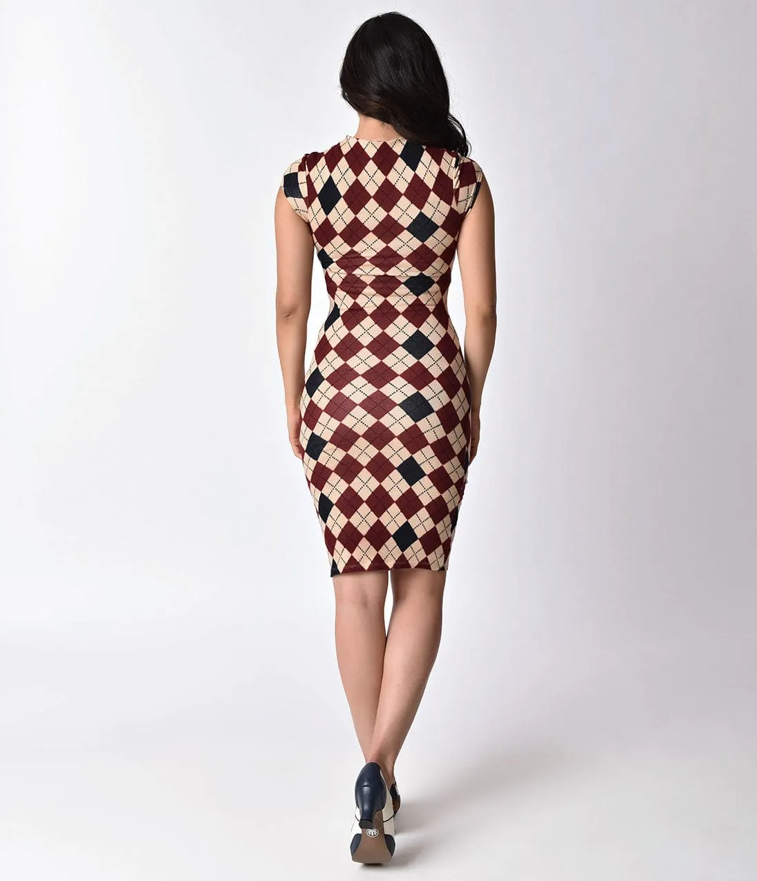 Unique Vintage 1960s Cream & Red Argyle Stretch Knit Cap Sleeve Holly Wiggle Dress sold by Unique Vintage product image thumbnail 2