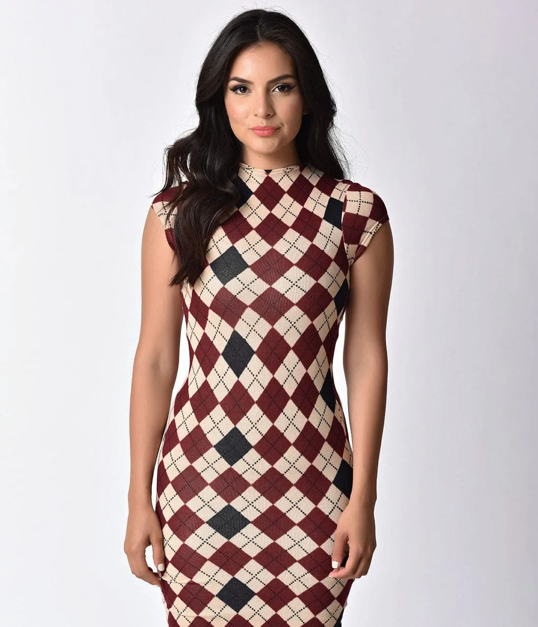 Unique Vintage 1960s Cream & Red Argyle Stretch Knit Cap Sleeve Holly Wiggle Dress sold by Unique Vintage product image thumbnail 3