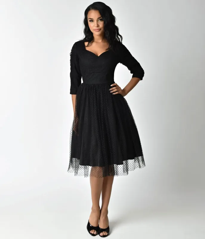 Unique Vintage 1950s Style Black Swiss Dot Half Sleeve Elson Mesh Dress made by Unique Vintage