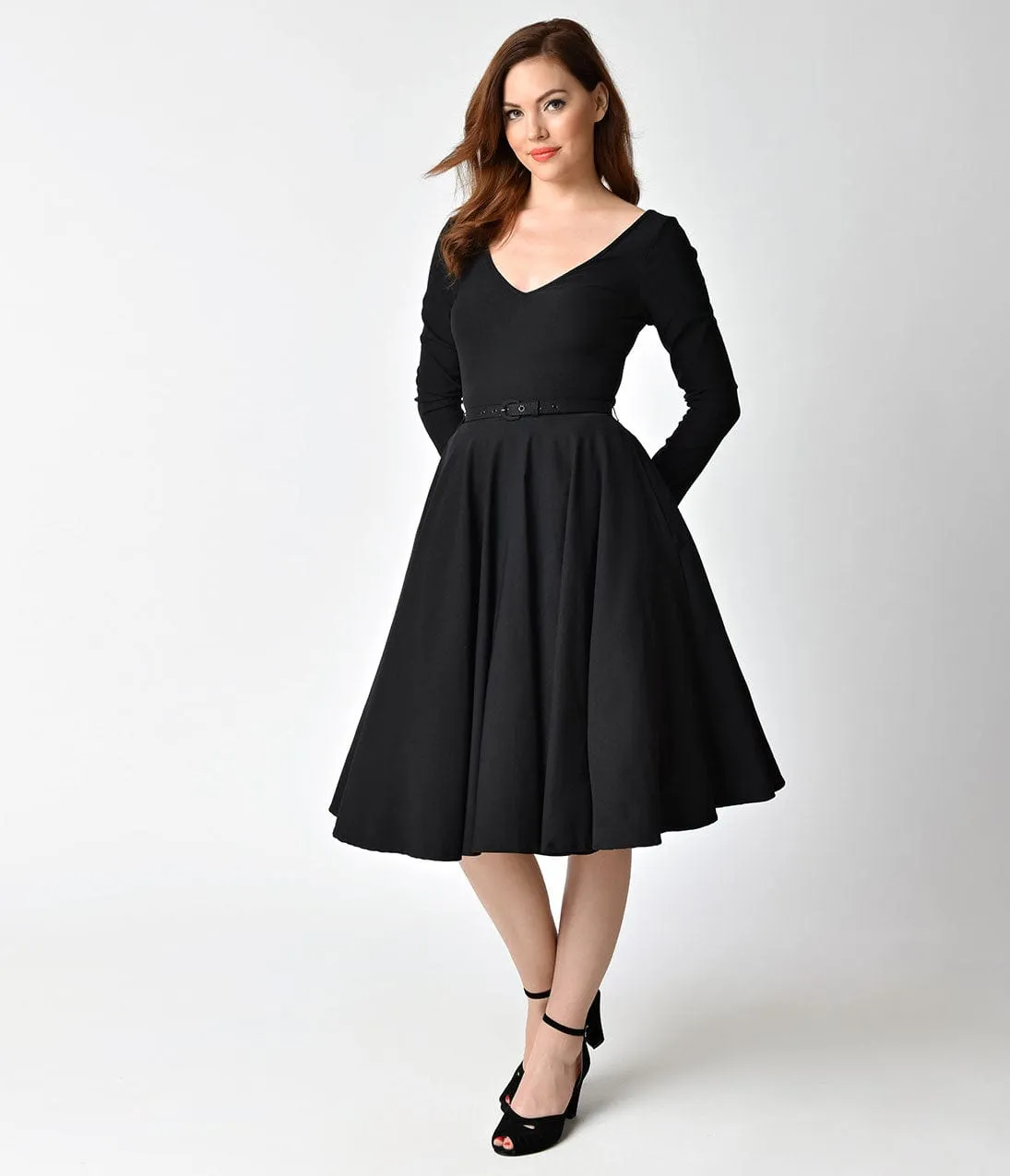 Unique Vintage 1950s Style Black Stretch Long Sleeve Maude Swing Dress sold by Unique Vintage product image thumbnail 3