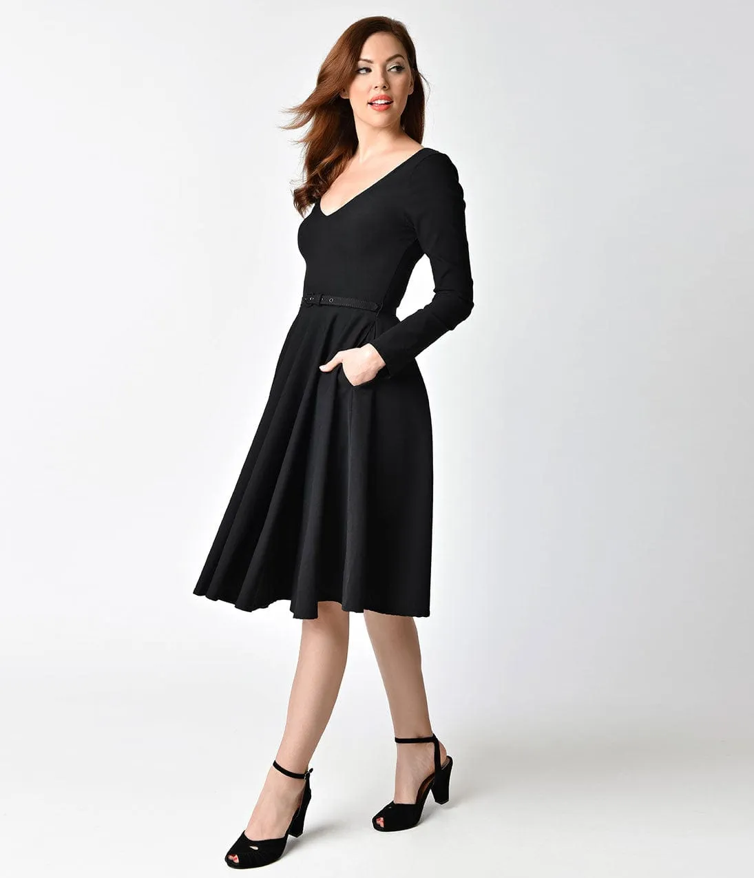 Unique Vintage 1950s Style Black Stretch Long Sleeve Maude Swing Dress sold by Unique Vintage product image thumbnail 4