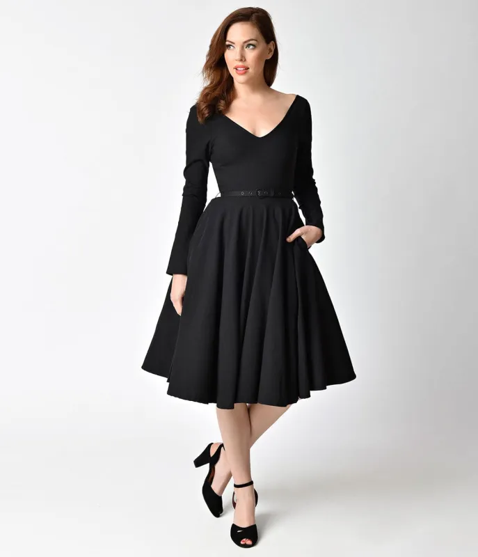 Unique Vintage 1950s Style Black Stretch Long Sleeve Maude Swing Dress made by Unique Vintage