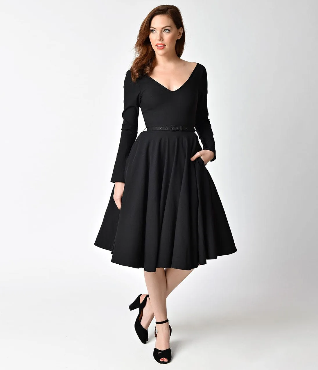 Unique Vintage 1950s Style Black Stretch Long Sleeve Maude Swing Dress sold by Unique Vintage