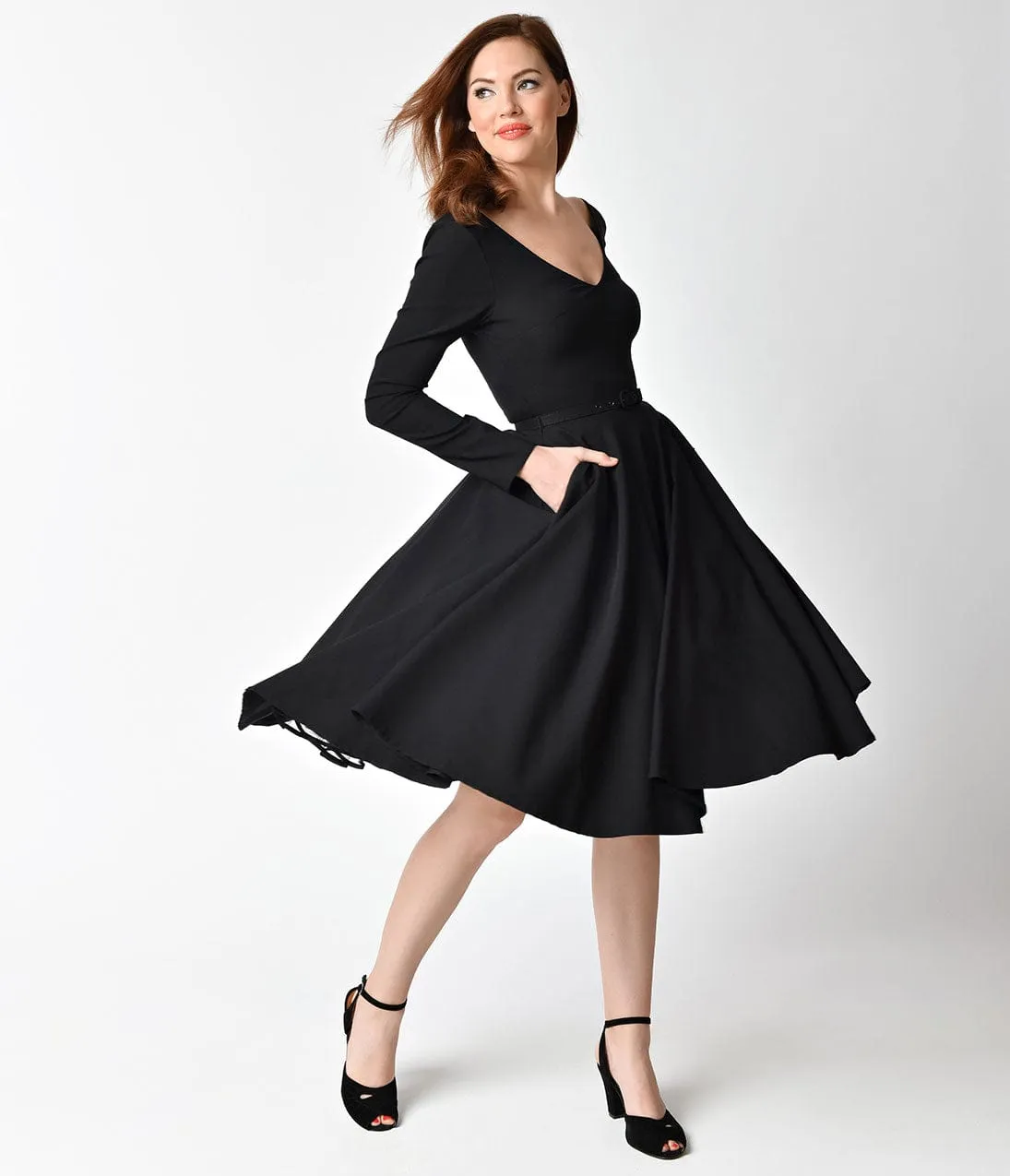 Unique Vintage 1950s Style Black Stretch Long Sleeve Maude Swing Dress sold by Unique Vintage product image thumbnail 5