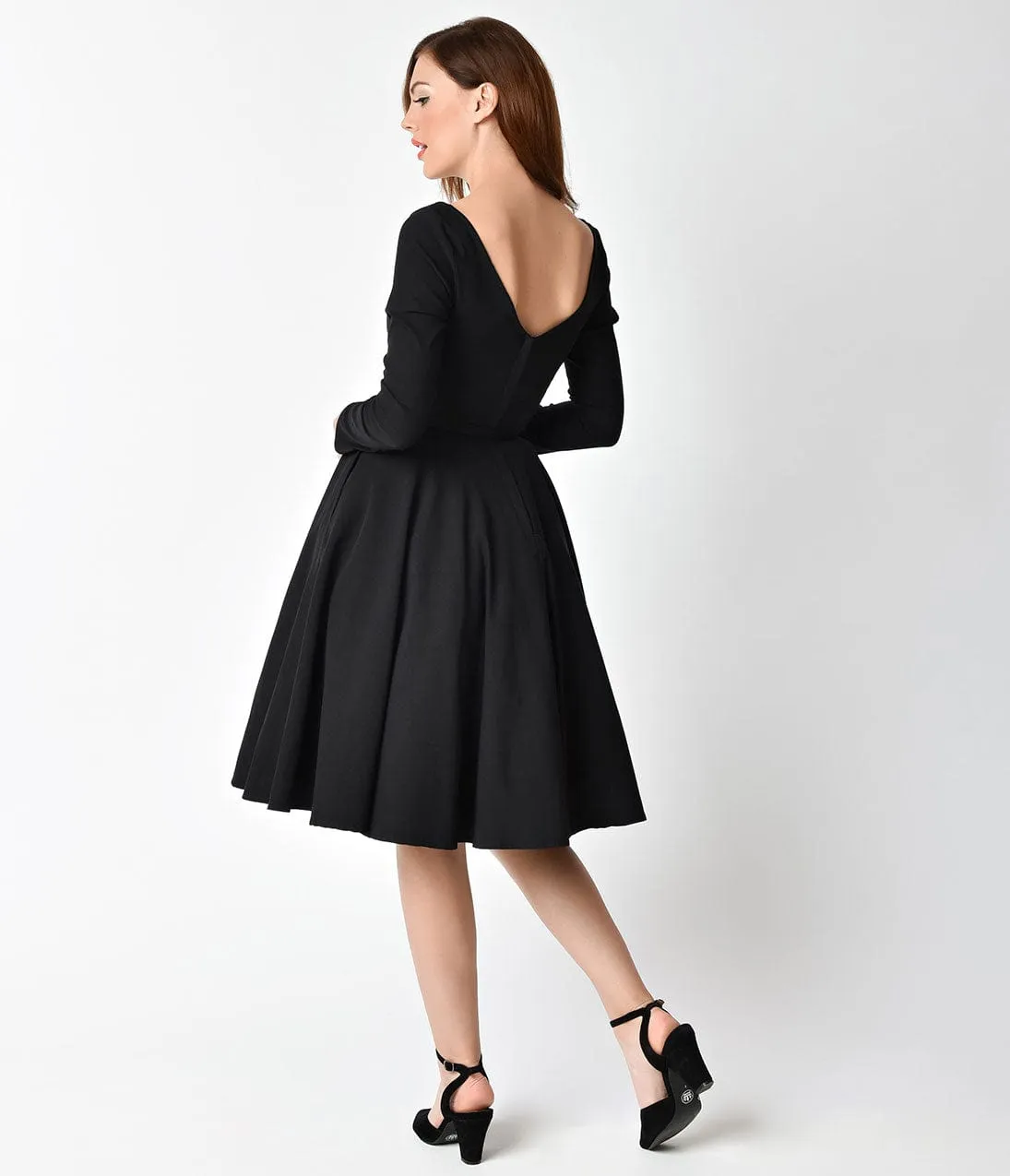 Unique Vintage 1950s Style Black Stretch Long Sleeve Maude Swing Dress sold by Unique Vintage product image thumbnail 2