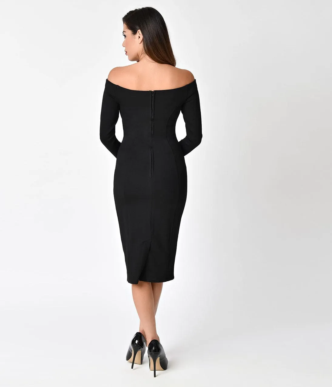 Unique Vintage 1960s Black Cotton Stretch Long Sleeved Cape Cod Wiggle Dress sold by Unique Vintage product image thumbnail 2