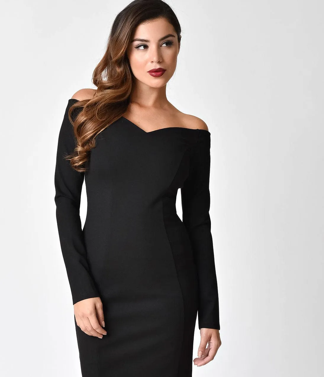 Unique Vintage 1960s Black Cotton Stretch Long Sleeved Cape Cod Wiggle Dress sold by Unique Vintage product image thumbnail 3