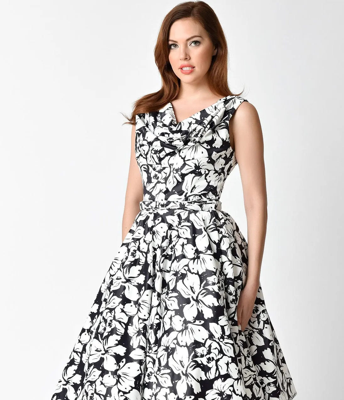 Unique Vintage 1950s Style Black & White Floral Blanc Noir Swing Dress sold by Unique Vintage product image thumbnail 5