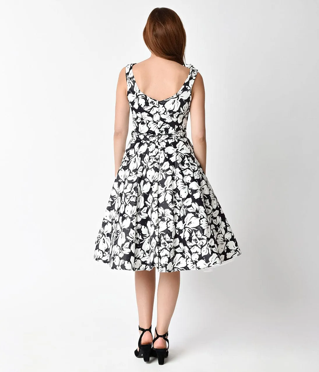Unique Vintage 1950s Style Black & White Floral Blanc Noir Swing Dress sold by Unique Vintage product image thumbnail 2