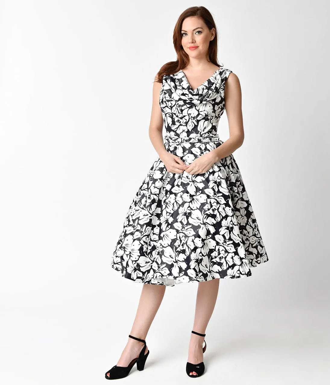Unique Vintage 1950s Style Black & White Floral Blanc Noir Swing Dress sold by Unique Vintage product image thumbnail 3