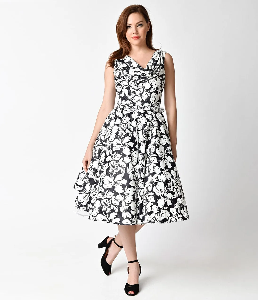 Unique Vintage 1950s Style Black & White Floral Blanc Noir Swing Dress sold by Unique Vintage product image thumbnail 4