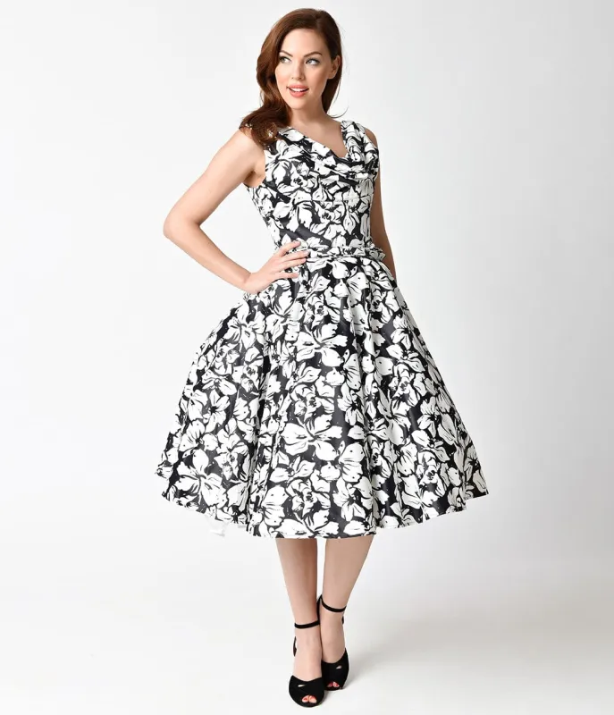 Unique Vintage 1950s Style Black & White Floral Blanc Noir Swing Dress sold by Unique Vintage