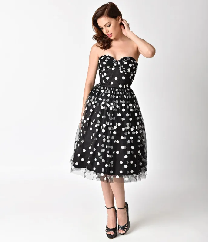 Janie Bryant For Unique Vintage Black & White Dot Strapless Janie Swing Dress sold by Unique Vintage