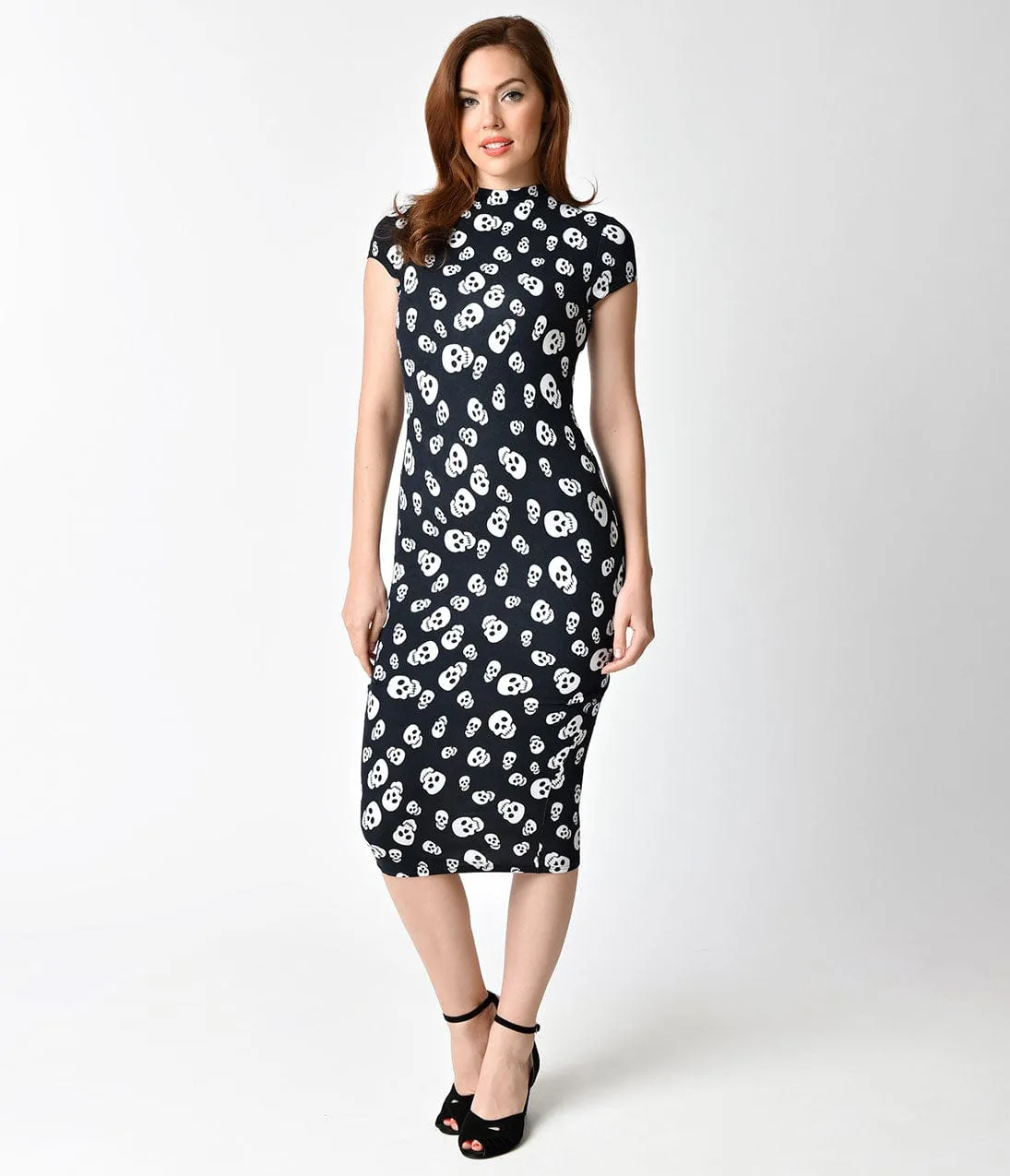 Unique Vintage 1960s Black Skull Print Stretch Knit Cap Sleeve Holly Wiggle Dress sold by Unique Vintage product image thumbnail 5