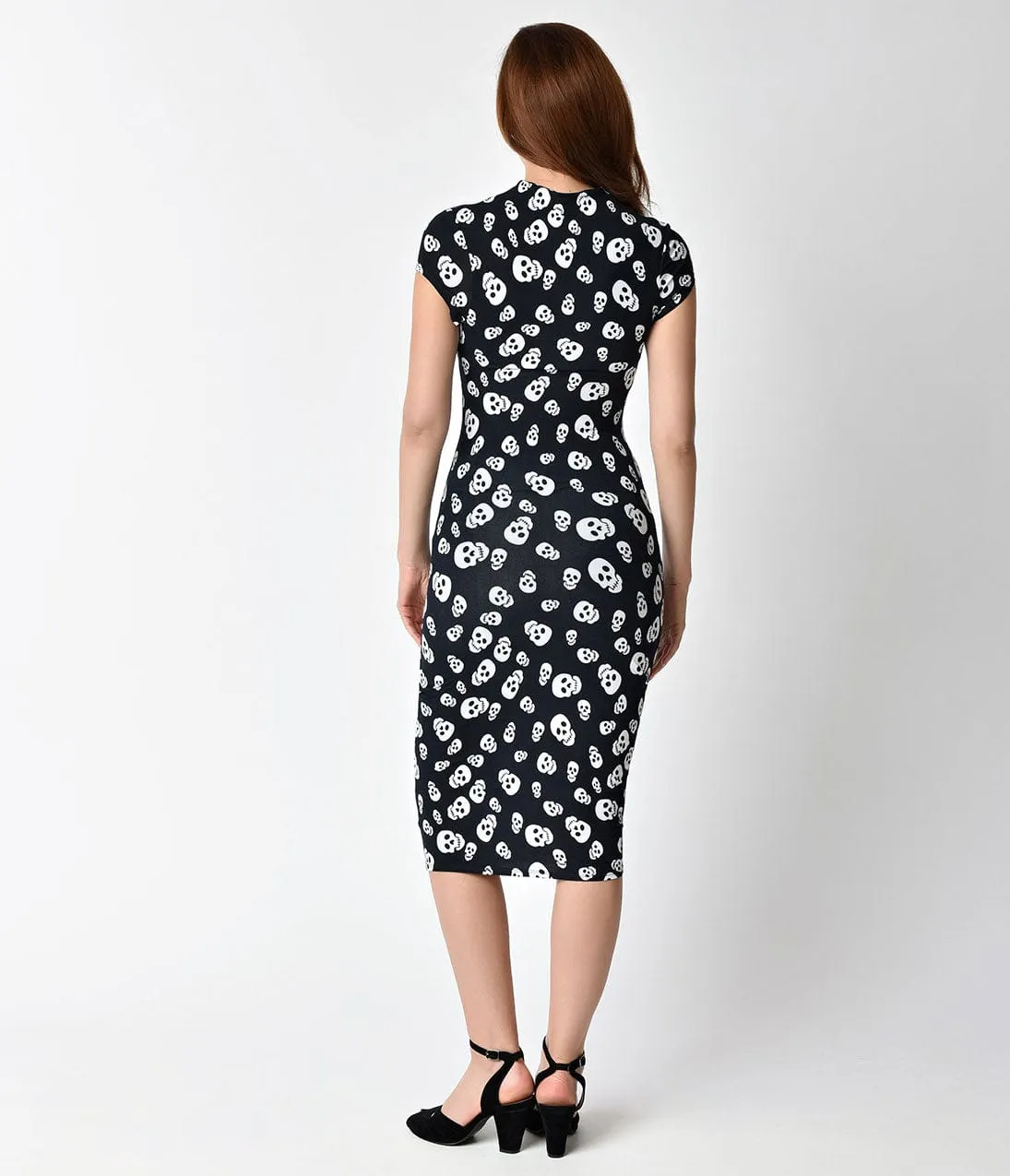 Unique Vintage 1960s Black Skull Print Stretch Knit Cap Sleeve Holly Wiggle Dress sold by Unique Vintage product image thumbnail 2