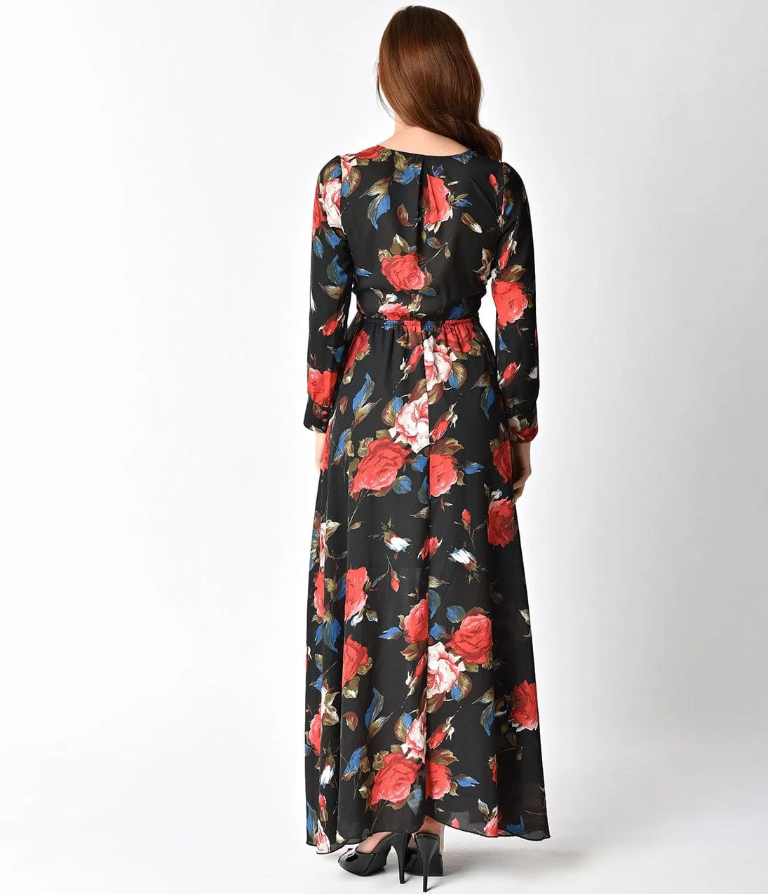 Unique Vintage 1960s Style Black & Red Floral Long Sleeve Farrah Maxi Dress sold by Unique Vintage product image thumbnail 2