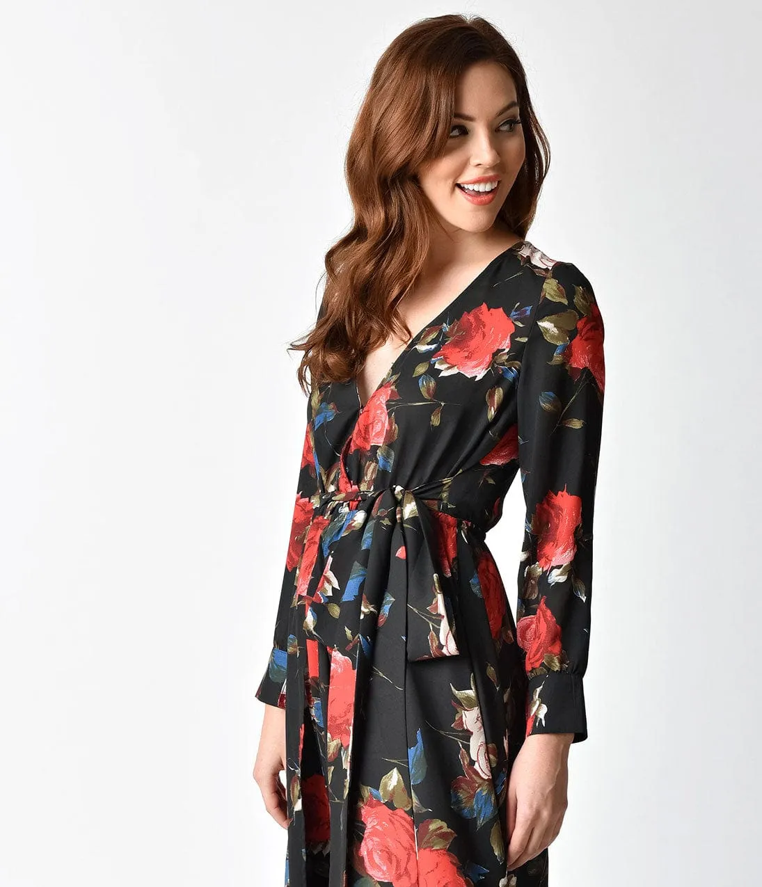 Unique Vintage 1960s Style Black & Red Floral Long Sleeve Farrah Maxi Dress sold by Unique Vintage product image thumbnail 3