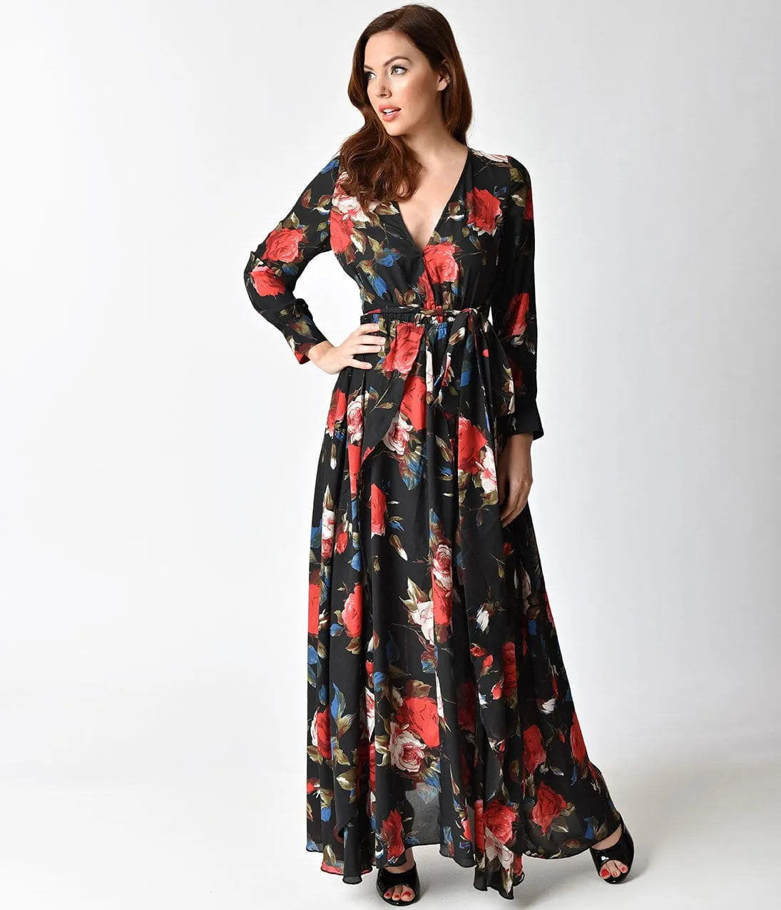 Unique Vintage 1960s Style Black & Red Floral Long Sleeve Farrah Maxi Dress sold by Unique Vintage