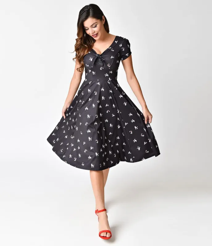 Unique Vintage 1940s Style Black Poodle Parade Knit Short Sleeve Natalie Swing Dress made by Unique Vintage