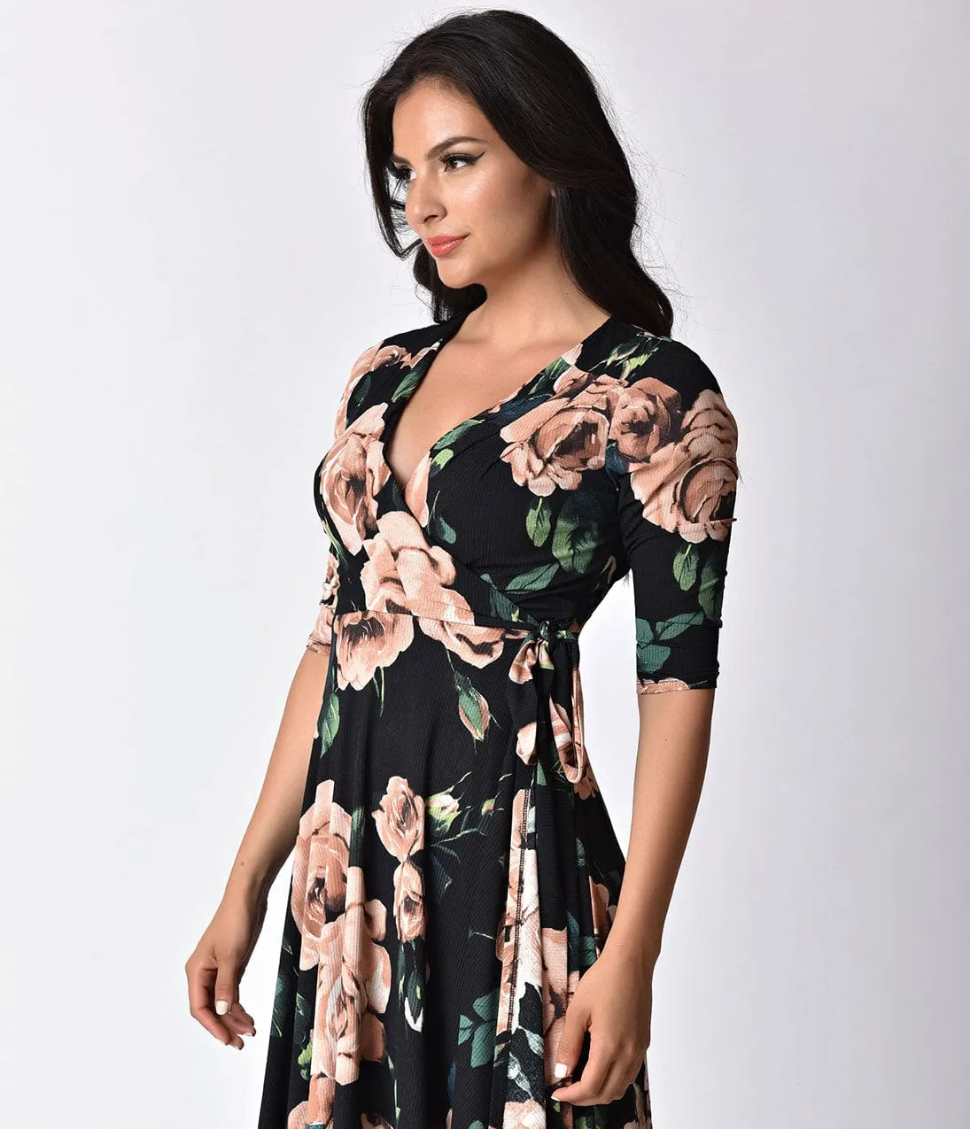 Unique Vintage 1940s Style Black & Light Pink Roses Print Kelsie Wrap Dress sold by Unique Vintage product image thumbnail 5