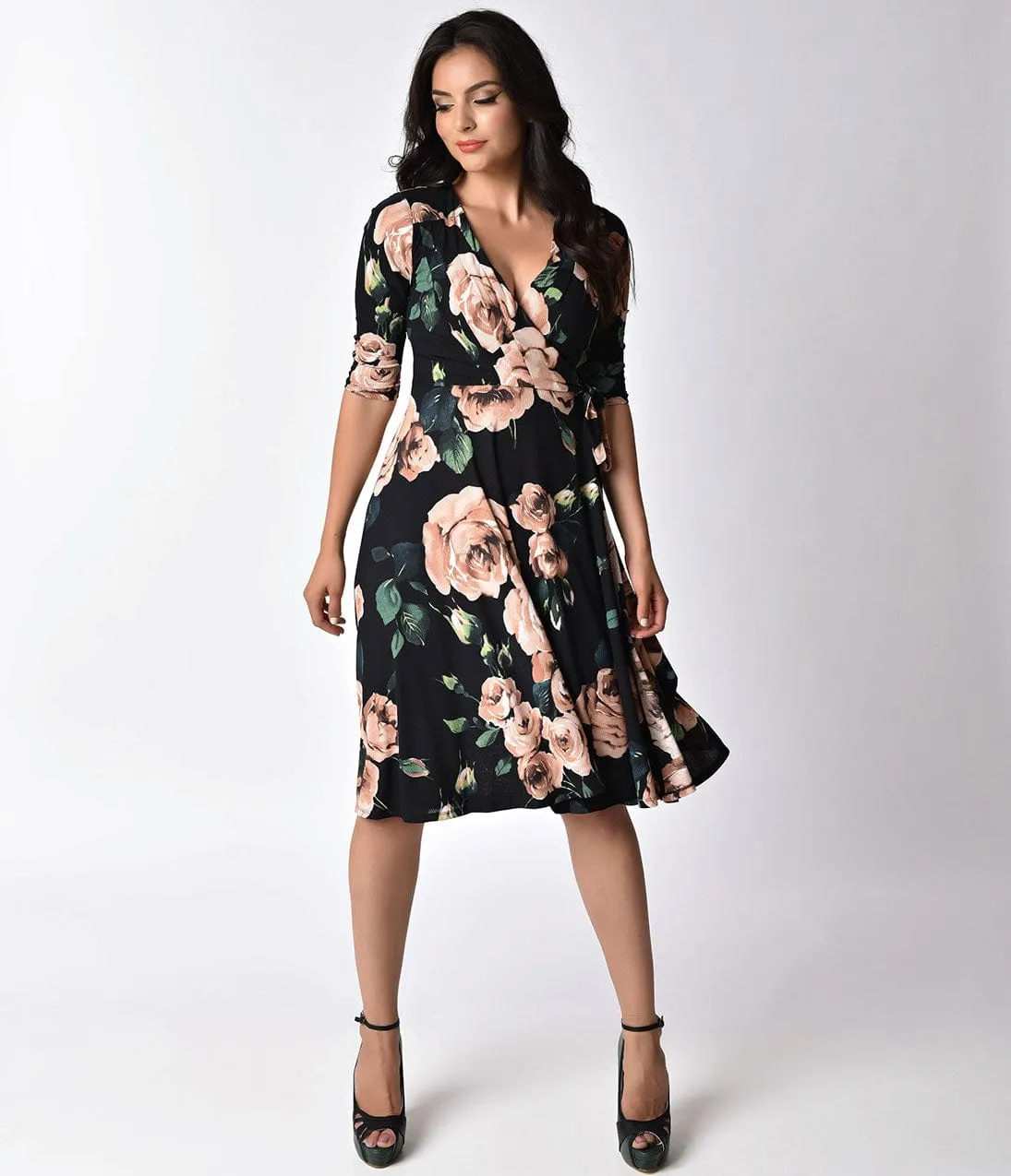 Unique Vintage 1940s Style Black & Light Pink Roses Print Kelsie Wrap Dress sold by Unique Vintage