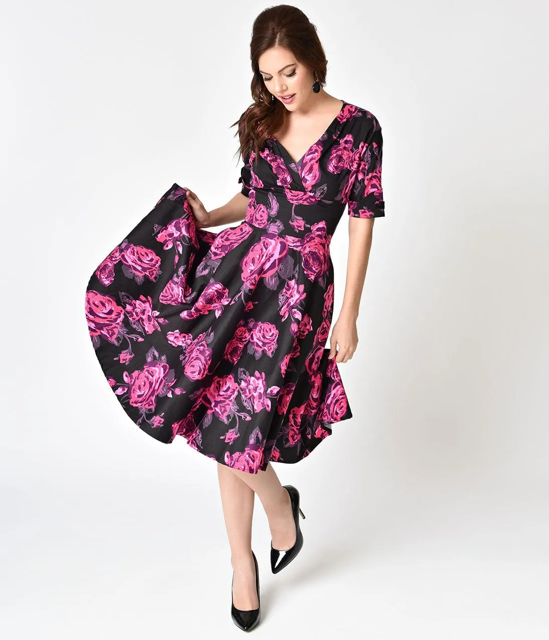 Unique Vintage 1950s Black & Fuchsia Pink Floral Delores Swing Dress with Sleeves sold by Unique Vintage product image thumbnail 4