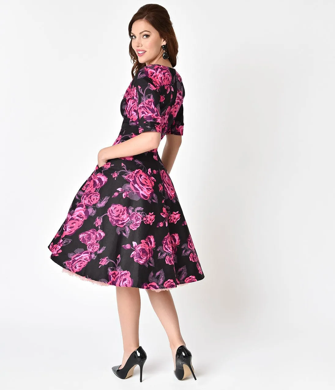 Unique Vintage 1950s Black & Fuchsia Pink Floral Delores Swing Dress with Sleeves sold by Unique Vintage product image thumbnail 2