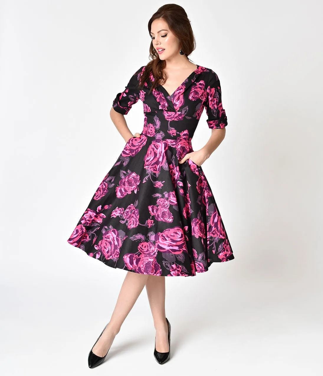 Unique Vintage 1950s Black & Fuchsia Pink Floral Delores Swing Dress with Sleeves sold by Unique Vintage product image thumbnail 3