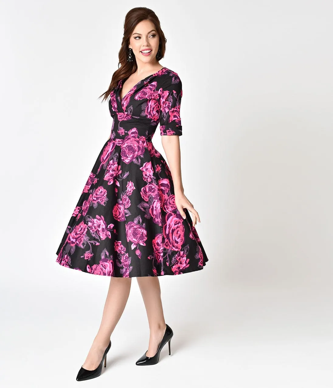 Unique Vintage 1950s Black & Fuchsia Pink Floral Delores Swing Dress with Sleeves sold by Unique Vintage
