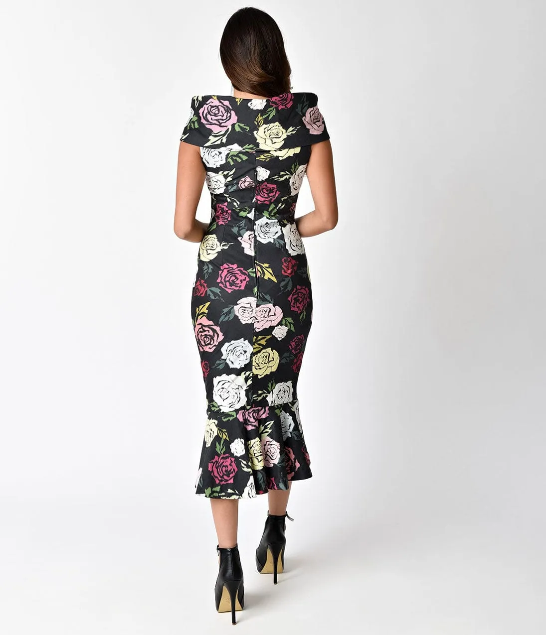 Janie Bryant For Unique Vintage 1960s Black & Multi Rose Bobbie Wiggle Dress sold by Unique Vintage product image thumbnail 2