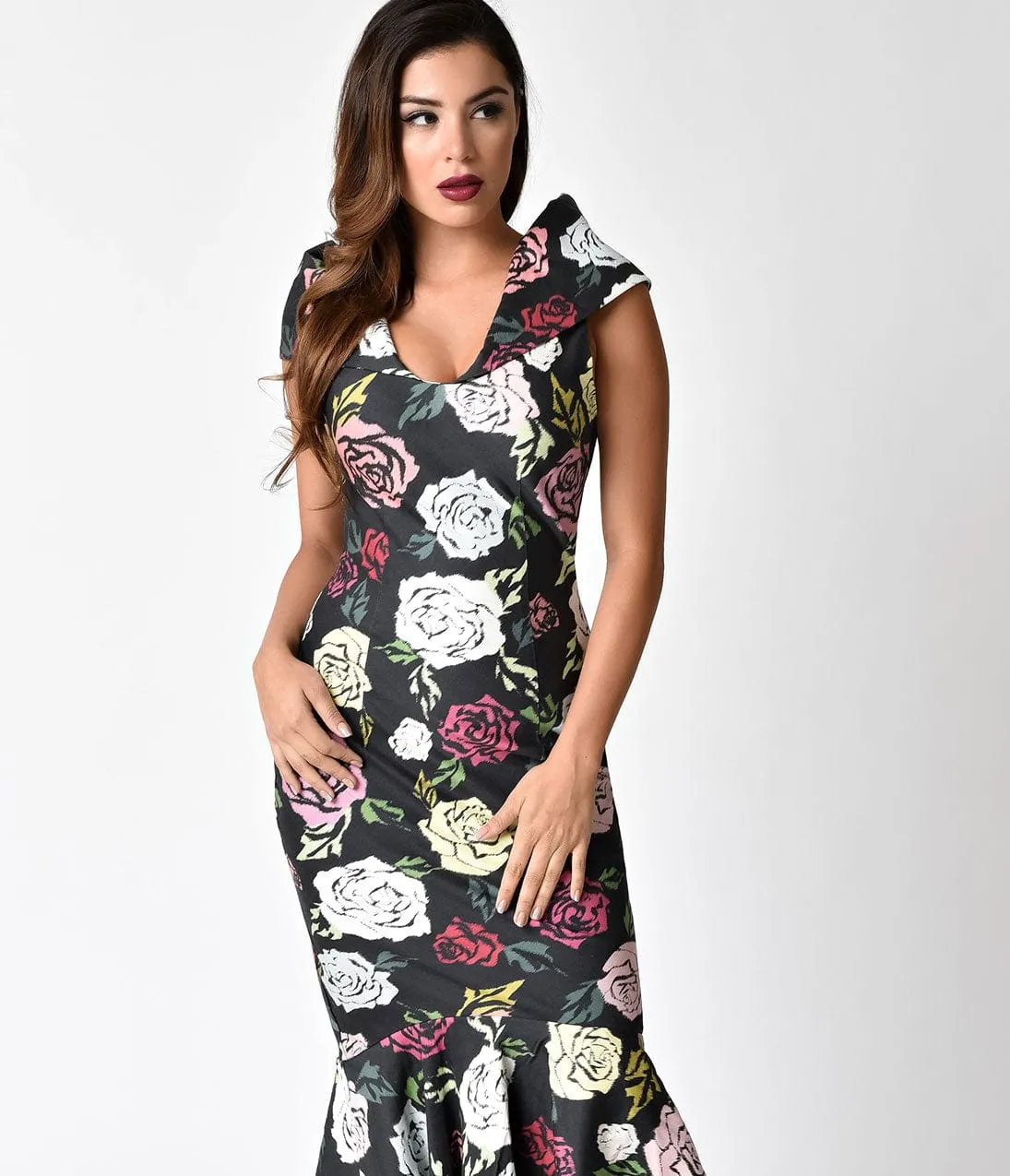 Janie Bryant For Unique Vintage 1960s Black & Multi Rose Bobbie Wiggle Dress sold by Unique Vintage product image thumbnail 4