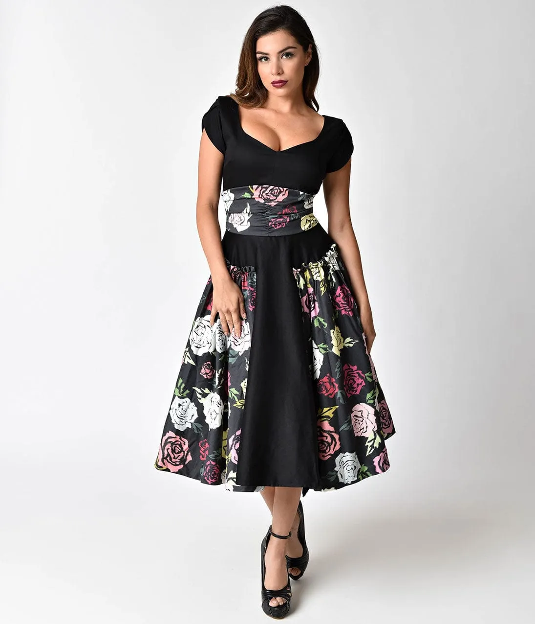 Janie Bryant For Unique Vintage 1950s Black & Multi Rose Birdie Swing Dress sold by Unique Vintage