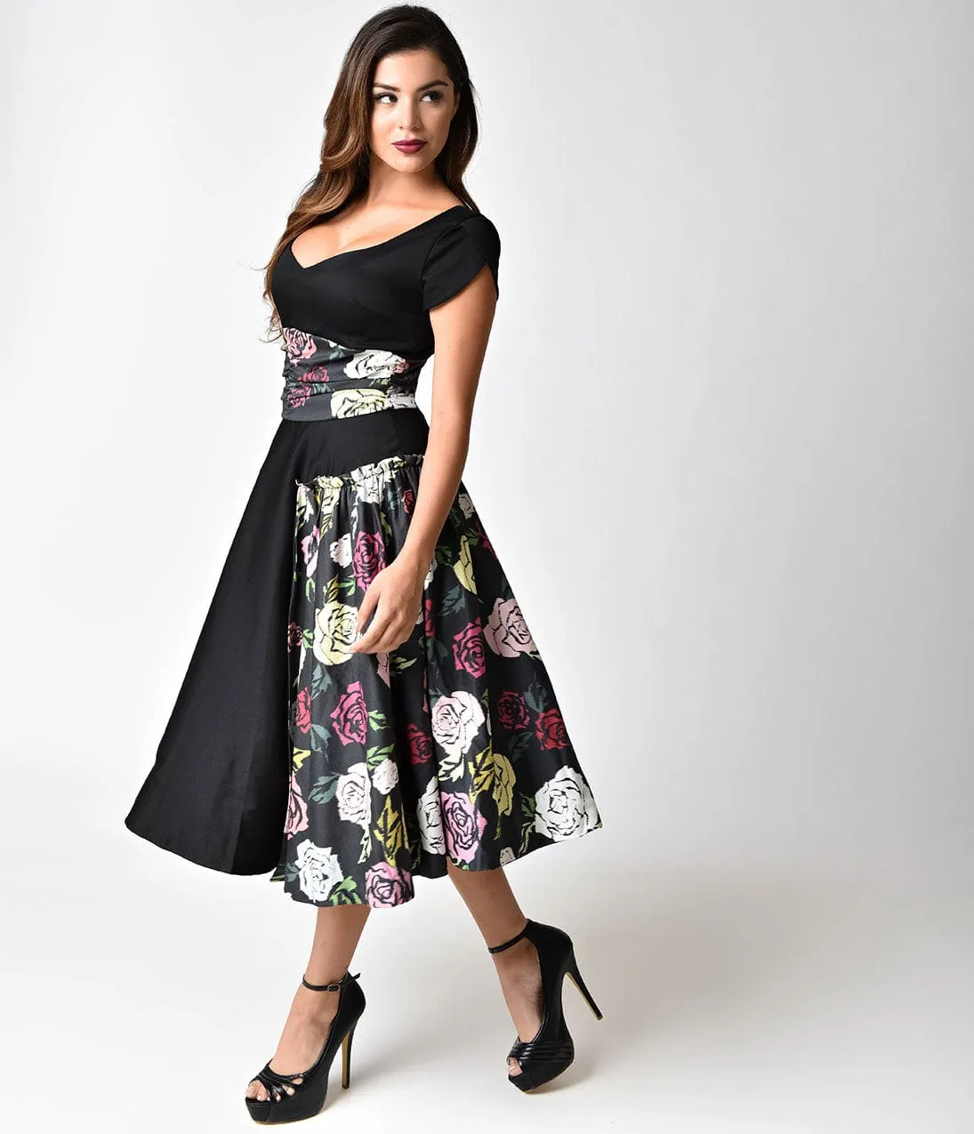 Janie Bryant For Unique Vintage 1950s Black & Multi Rose Birdie Swing Dress sold by Unique Vintage product image thumbnail 5