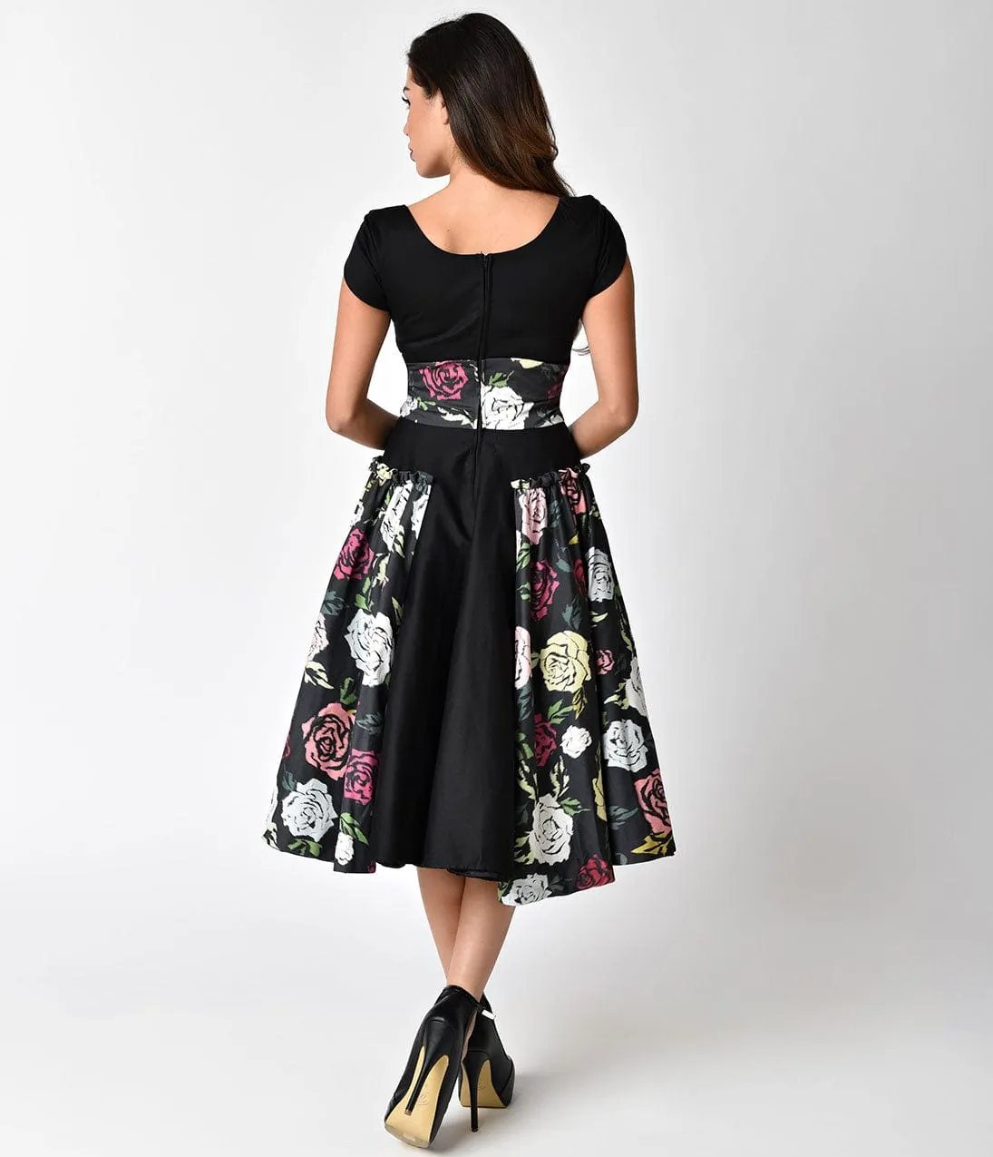 Janie Bryant For Unique Vintage 1950s Black & Multi Rose Birdie Swing Dress sold by Unique Vintage product image thumbnail 2