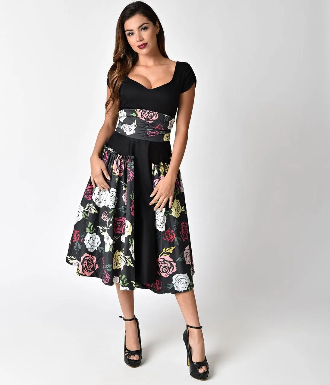 Janie Bryant For Unique Vintage 1950s Black & Multi Rose Birdie Swing Dress sold by Unique Vintage product image thumbnail 4