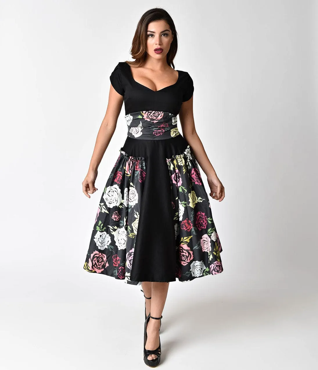 Janie Bryant For Unique Vintage 1950s Black & Multi Rose Birdie Swing Dress sold by Unique Vintage product image thumbnail 3